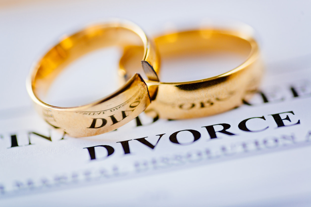 two gold wedding rings on top of a paper reading divorce