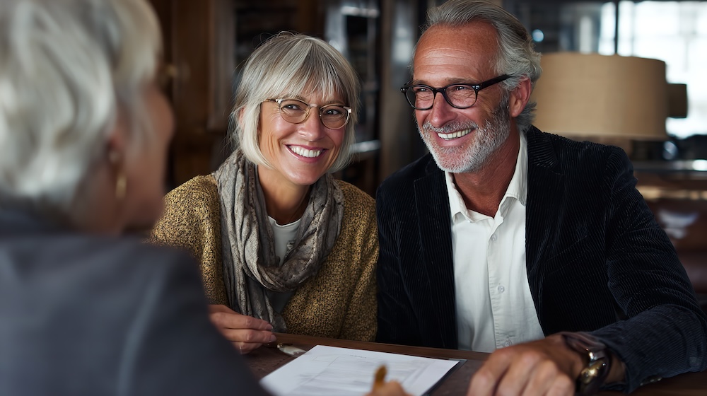 Happy senior couple meeting with wealth management advisor about legacy planning.