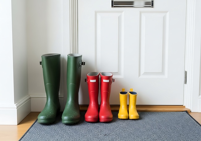 Family's Colorful Rubber Boots Lined Up by a Wall After Rain