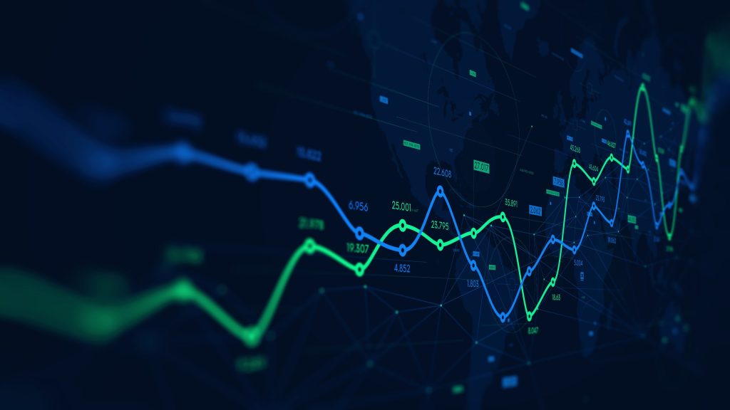 A graph with numbers going up and down, reflecting on the Stock Market.